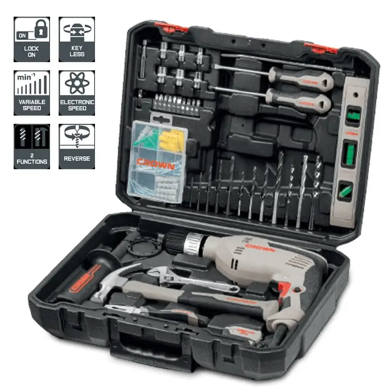 Promo fin d'année =>Perceuse 600W avec valise à outils 98pcs CROWN 11900 da