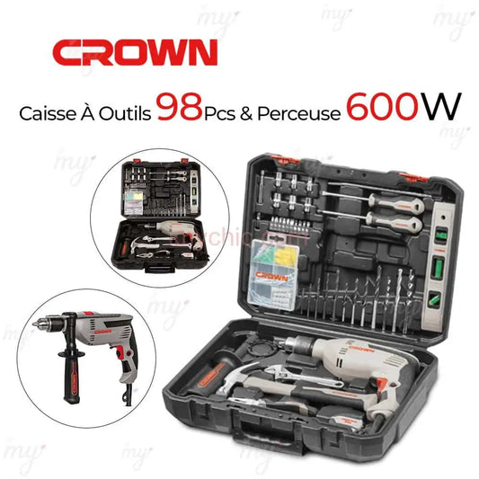 Promo fin d'année =>Perceuse 600W avec valise à outils 98pcs CROWN 11900 da